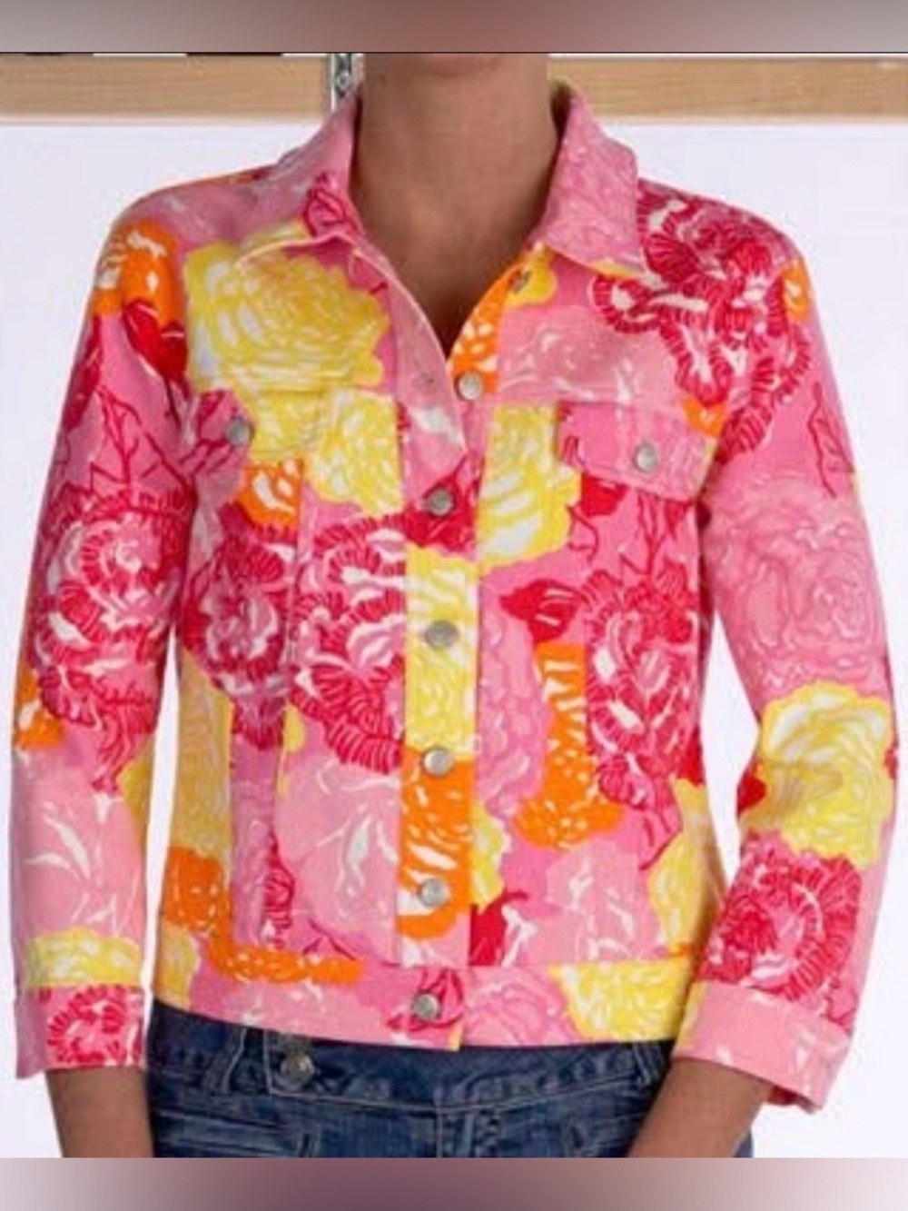 Lilly Pulitzer Floral Denim Jacket Seaspray Blazer Pink Yellow Pockets Small EUC